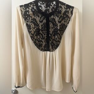 FOREVER 21 Vintage Cream and Black Sheer Women's Long Sleeve Blouse Floral Lace